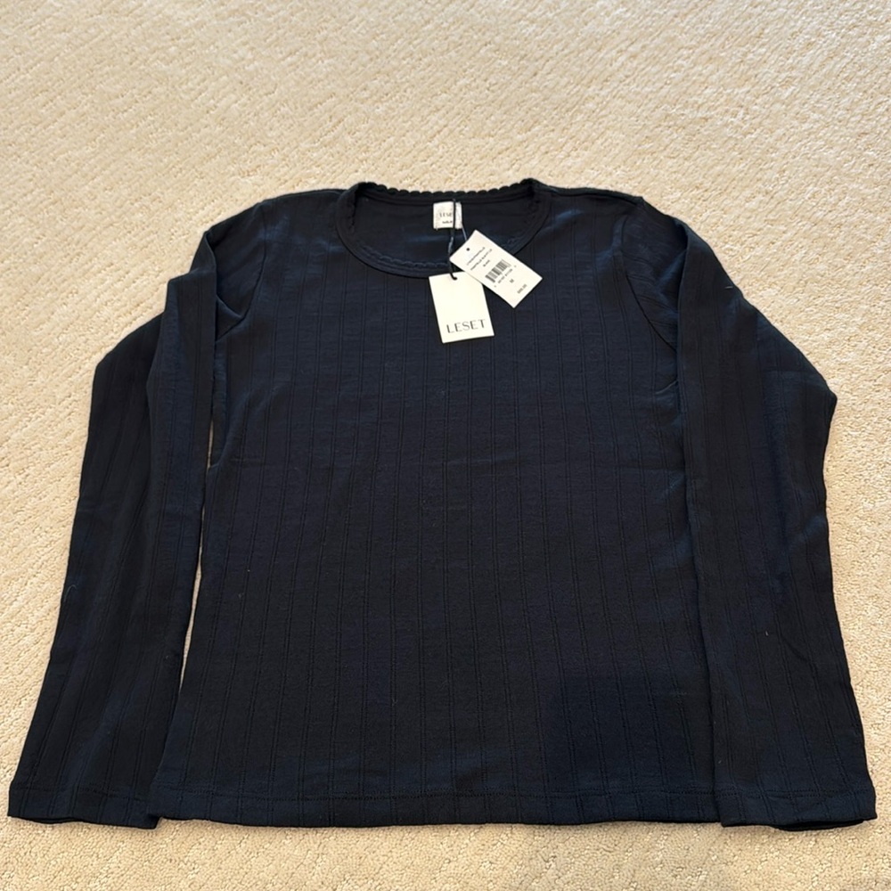 Leset long sleeve pointelle tee. Medium. Black. New with tags.